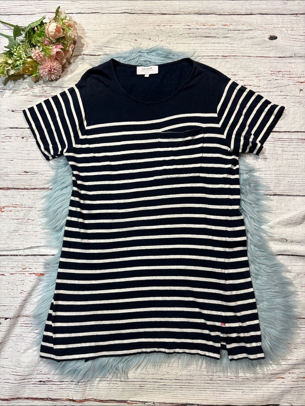 La Ligne Women's Edie Striped Cotton T Shirt Dress in Navy Blue and White